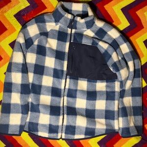 J. Crew Blue and White Checkered Teddy Jacket